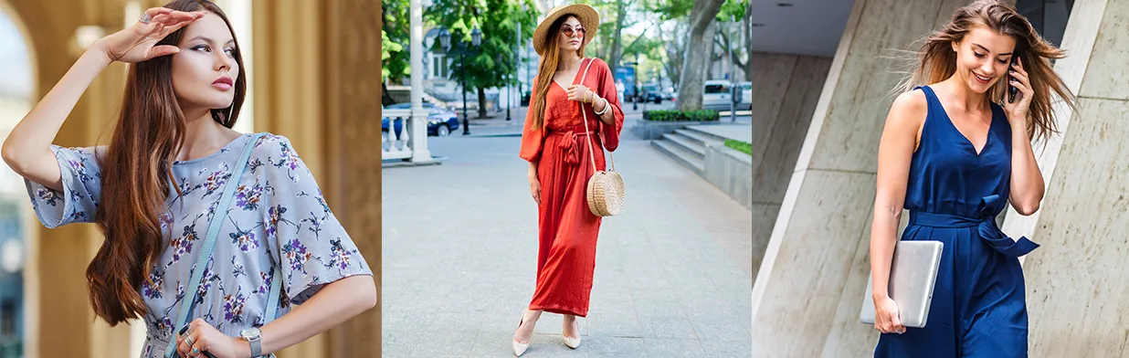 r&oacute;żne fasony kombinezon&oacute;w damskich kolaż