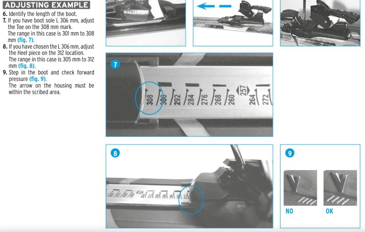 Instrukcja jak ustawić wiązania nart do wagi: dopasuj długość buta do znacznika 308 mm, a następnie piętkę do 312 mm. Sprawdź nacisk.