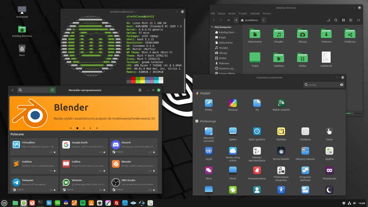 Ekran z systemem Linux Mint Mate, otwartym menedżerem oprogramowania z Blenderem i menedżerem plik&oacute;w.