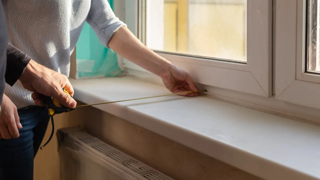 Dwie osoby mierzą taśmą zwijaną, jak zmierzyć parapet wewnętrzny. Dokładne pomiary to klucz do idealnego dopasowania.