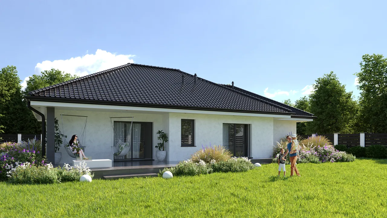 Piękny dom parterowy z ogrodem. Zastanawiasz się, ile kosztuje budowa domu parterowego? Oto wizualizacja marzeń.