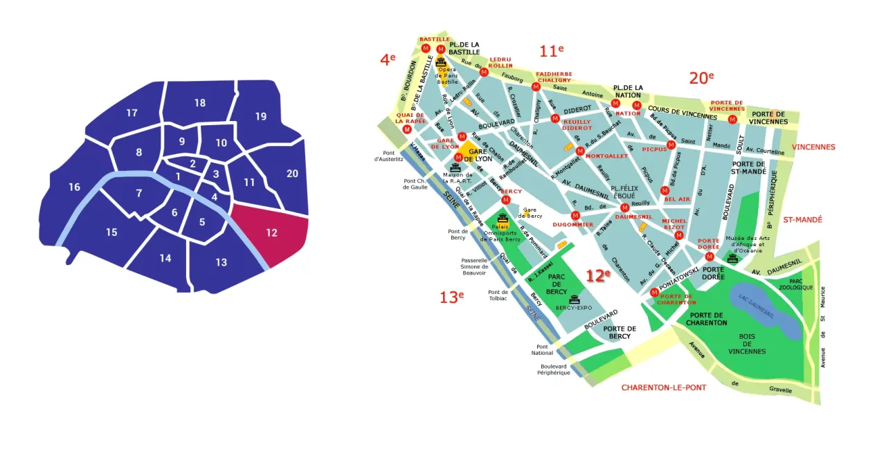 Mapa Paryża z zaznaczonymi dzielnicami. 12 dzielnica Paryża, wyróżniona kolorem, obejmuje tereny na wschód od centrum, w tym Bois de Vincennes.