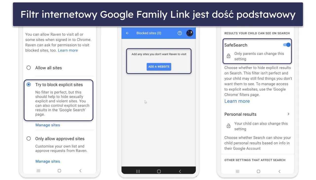 Google Family Link interfejs blokowania stron