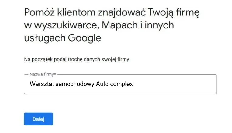 Wizytówka Google Moja Firma warsztat samochodowy
