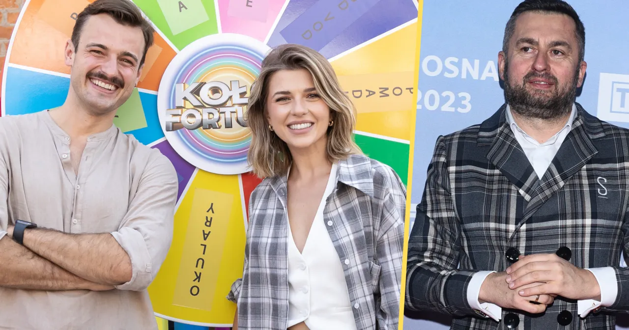 Kto ubiera prowadzących Koło Fortuny? Trzech uśmiechniętych ludzi na tle kolorowej ruletki i niebieskiego banera.