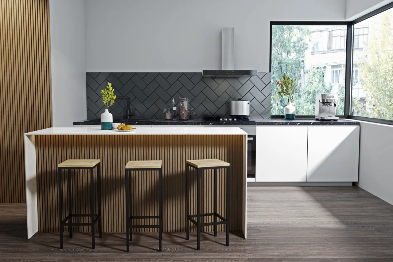 wyspa kuchenna oddzielająca salon od kuchni lamele