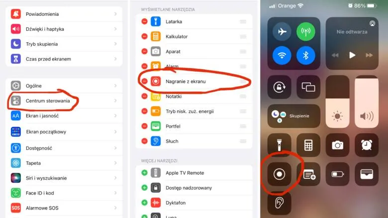 iPhone Centrum Sterowania dodawanie nagrywania ekranu