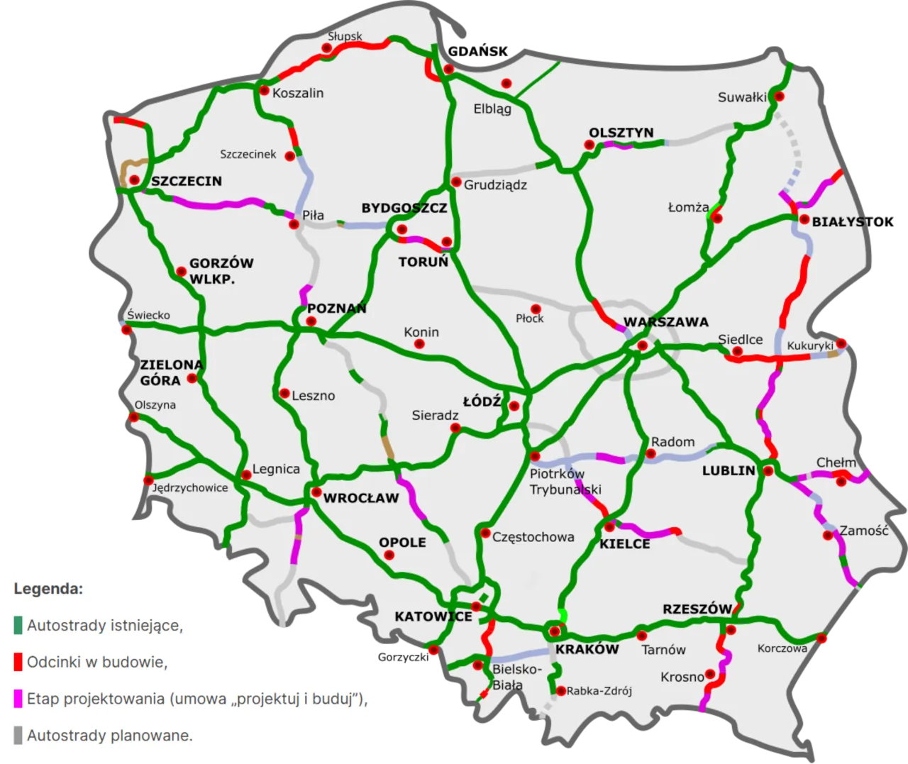 Mapa darmowych autostrad w Polsce dla samochodów osobowych