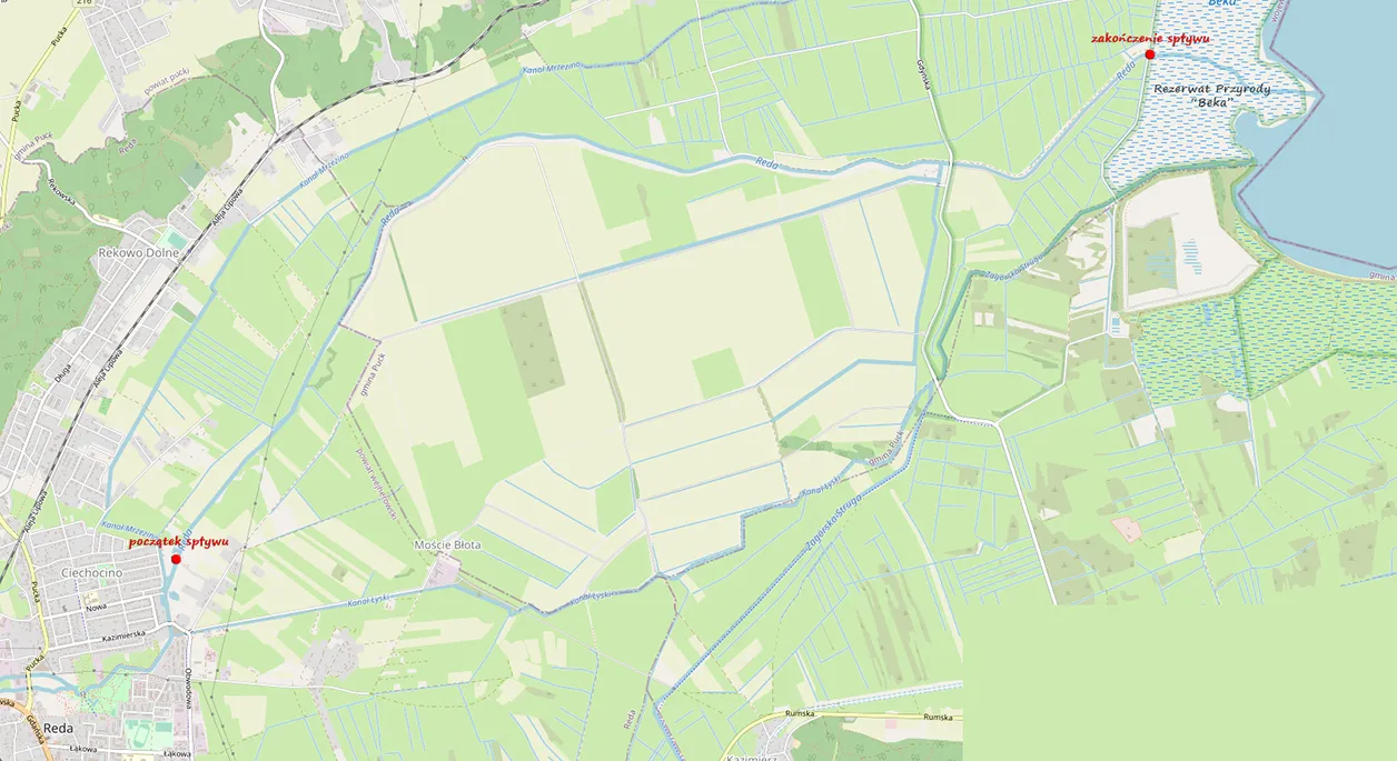 Mapa tras spływów kajakowych rzeką Redą