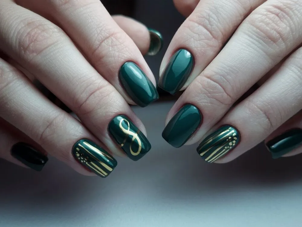 Butelkowa zieleń paznokcie matowe błyszczące kocie oko