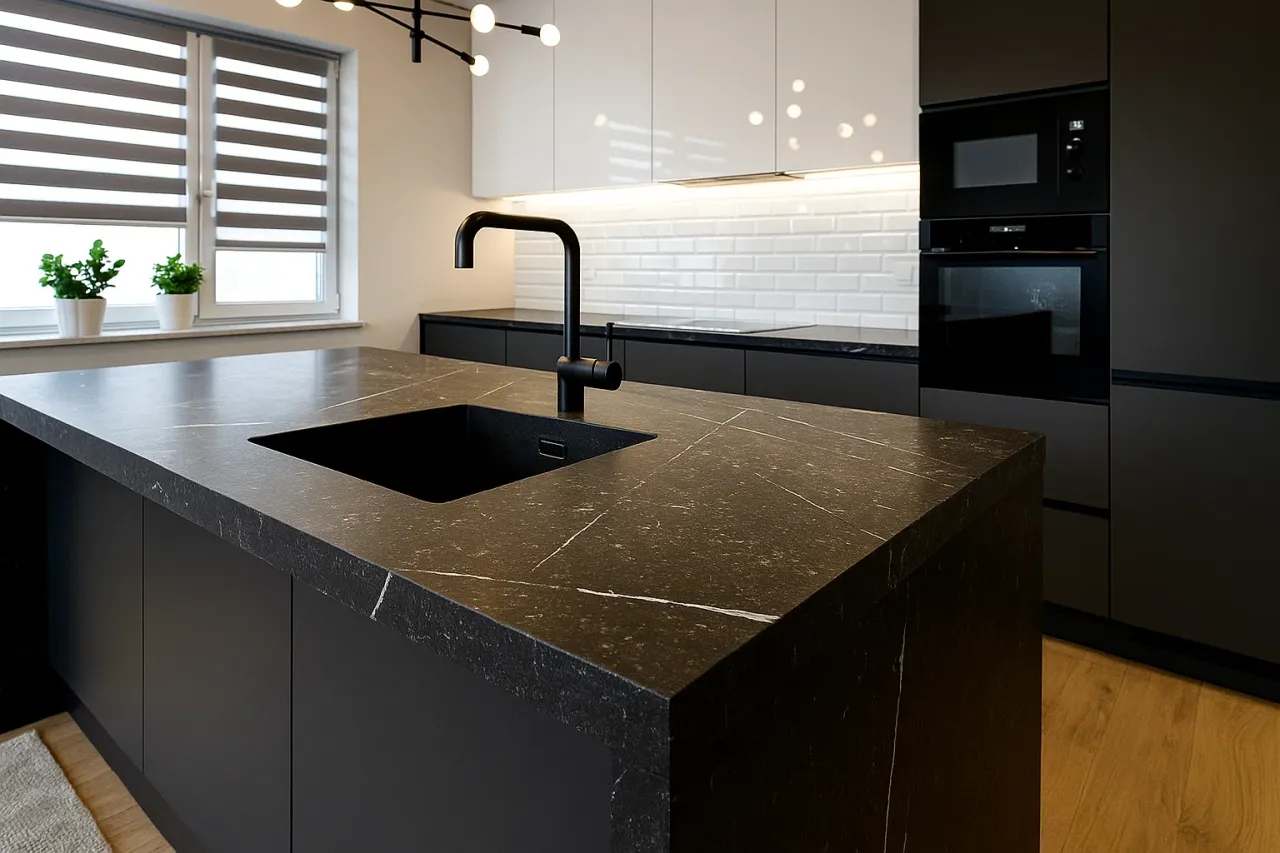 czarny blat konglomerat kuchnia