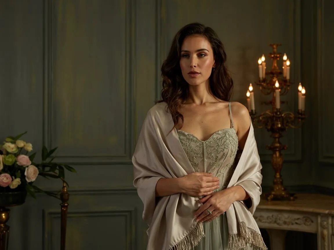 elegancka kobieta w sukni wieczorowej z szalem