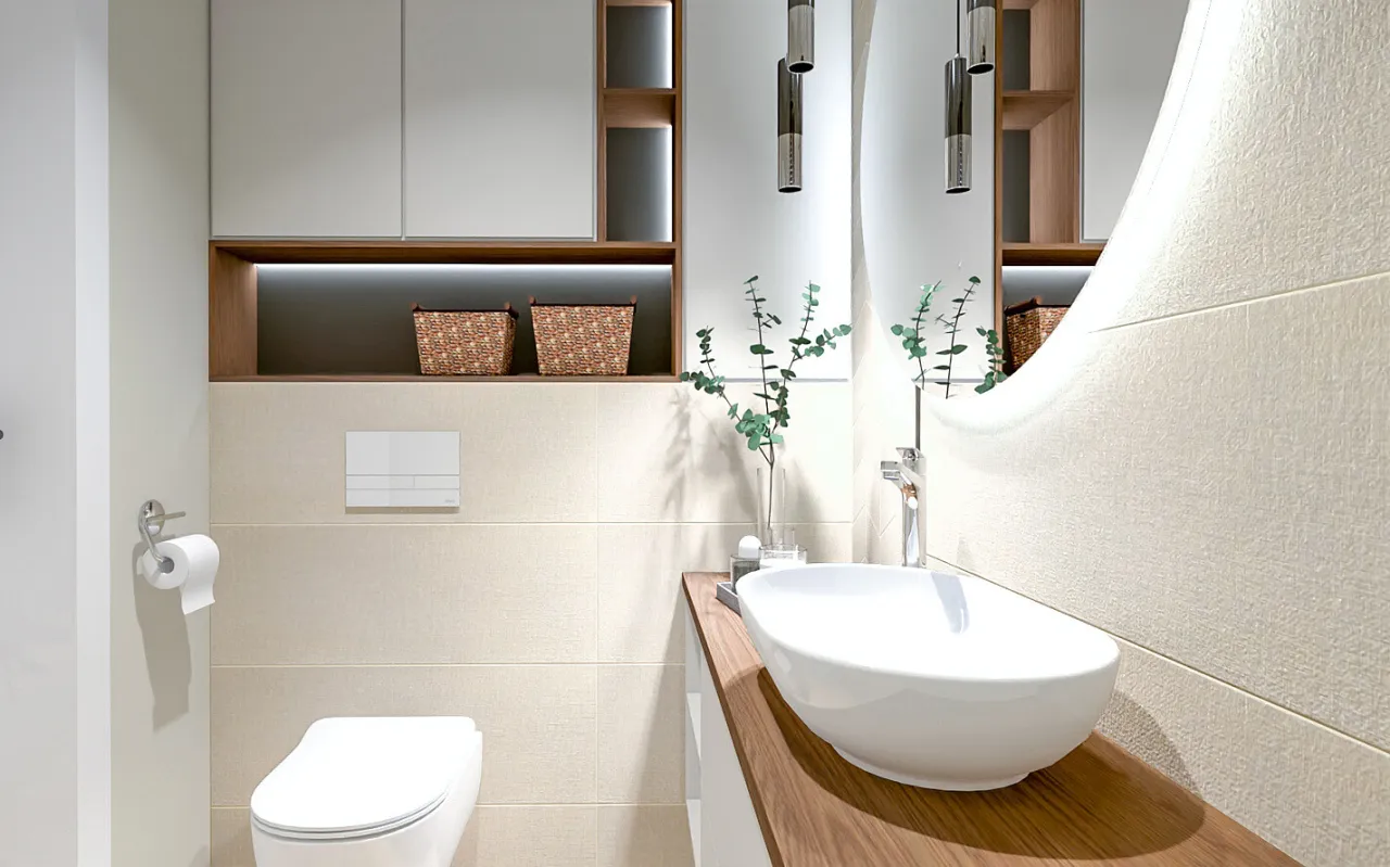 aranżacja małej toalety w bloku jasne kolory