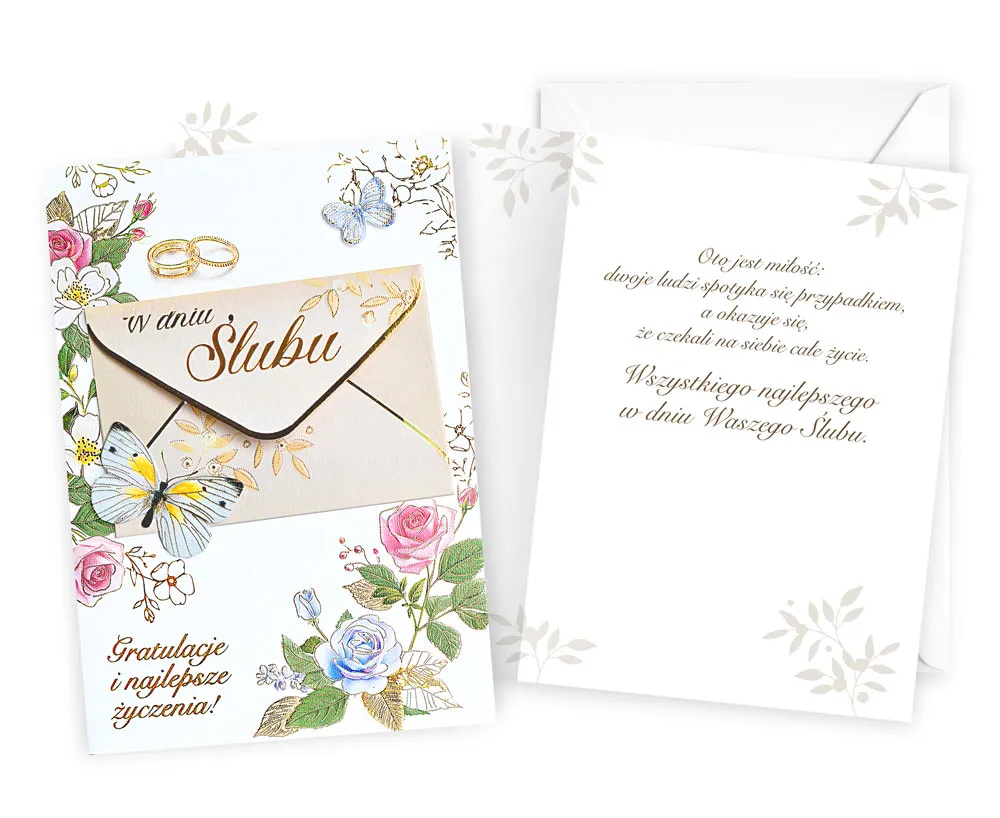 elegancka koperta z pieniędzmi i kartką z życzeniami na ślub