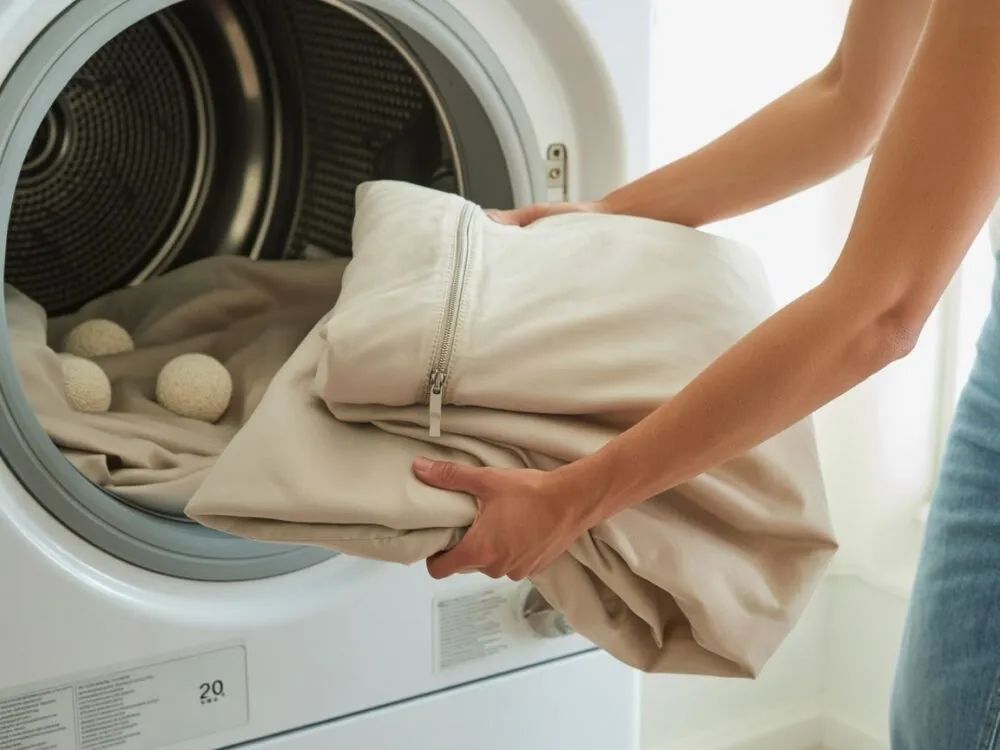 suszenie pościeli w suszarce bębnowej, suszarka z otwartymi drzwiami i pościelą