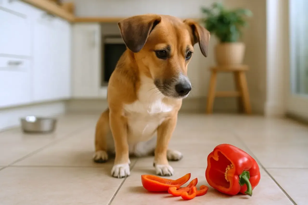 Zastanawiasz się, czy pies może jeść paprykę? Ten brązowy piesek siedzi na podłodze w kuchni obok czerwonej papryki.