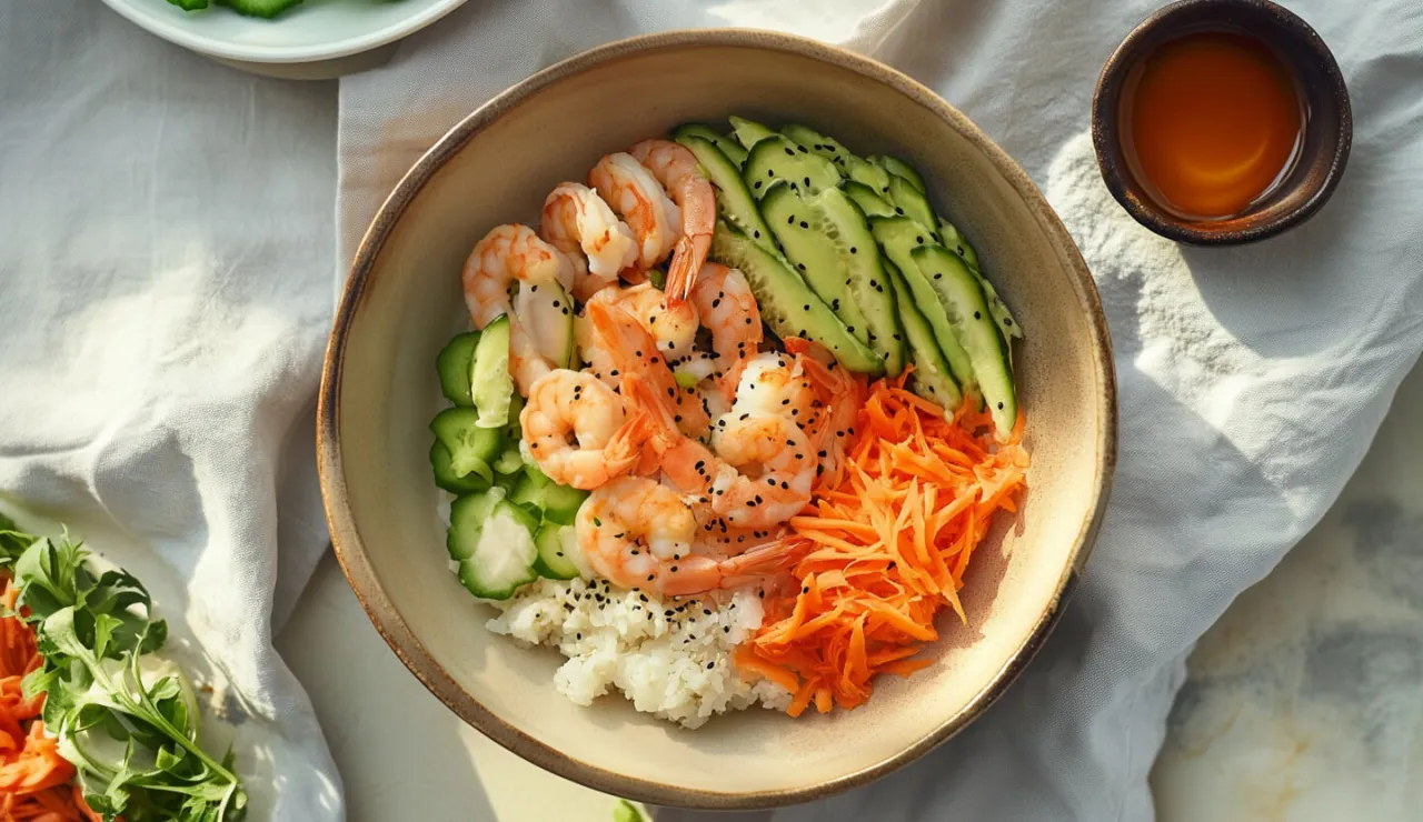 Pyszny bowl z krewetkami, ryżem, ogórkiem i startą marchewką, posypany czarnym sezamem. Idealny na lekki posiłek.