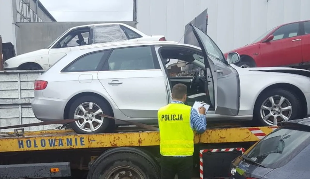 policjant kontroluje holowany samoch&oacute;d