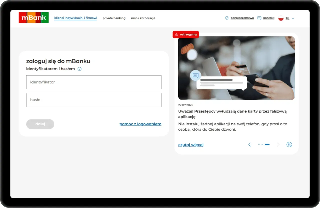 Gdzie znaleźć identyfikator mBank? Formularz logowania do mBanku, pola na identyfikator i hasło.