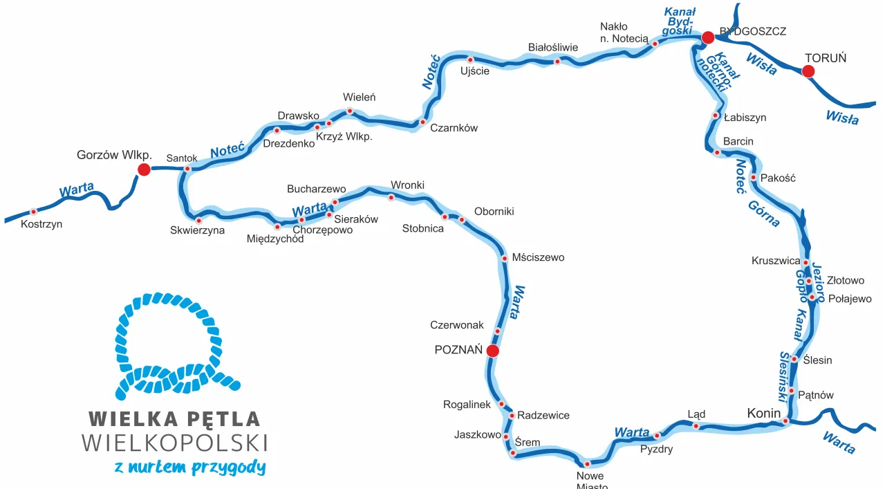 Mapa Wielkopolski z zaznaczonymi jeziorami i rzekami