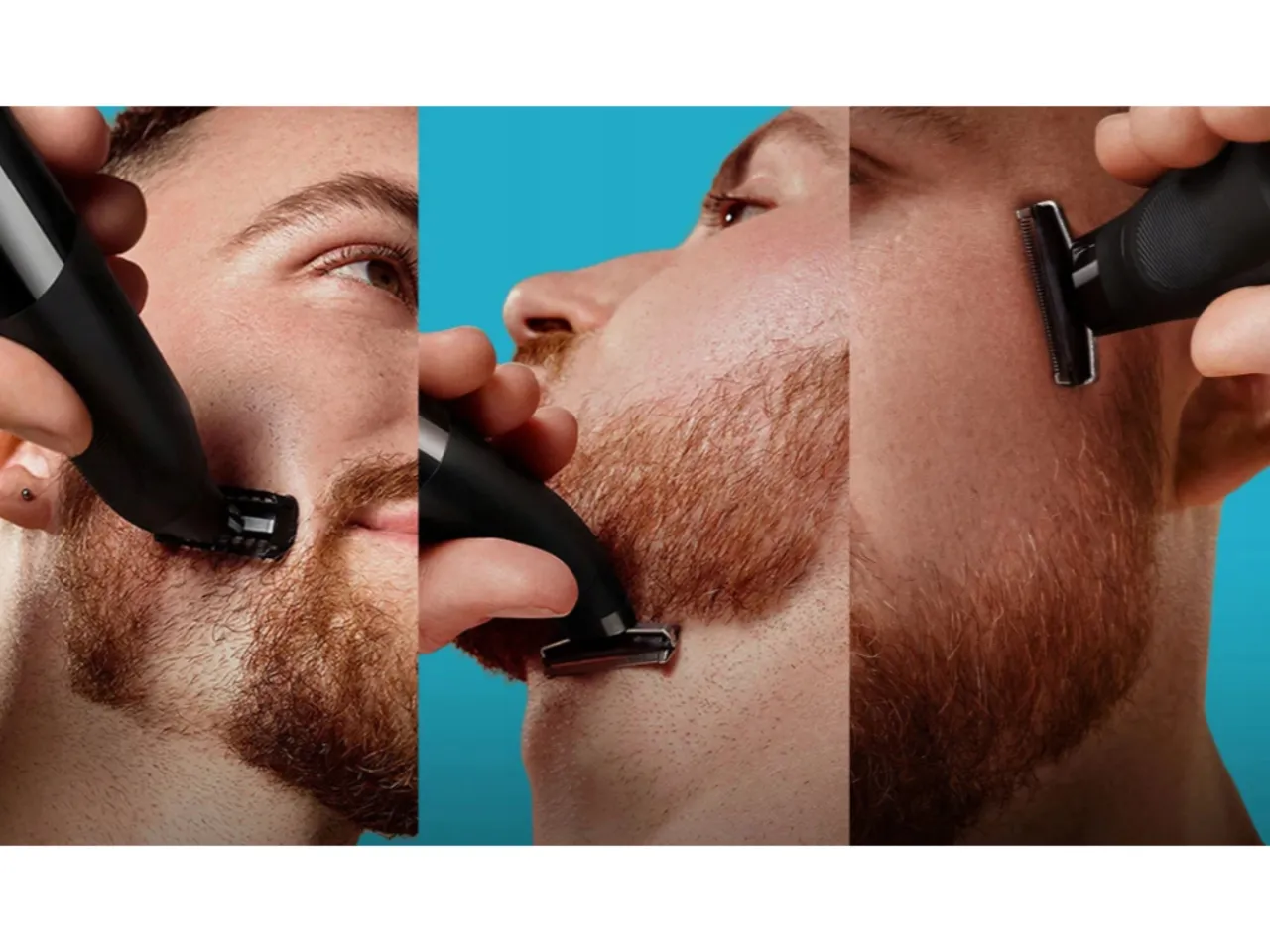 Trzy zbliżenia na męską twarz z rudą brodą, pokazujące użycie trymera lub golarki do precyzyjnego przycinania zarostu.