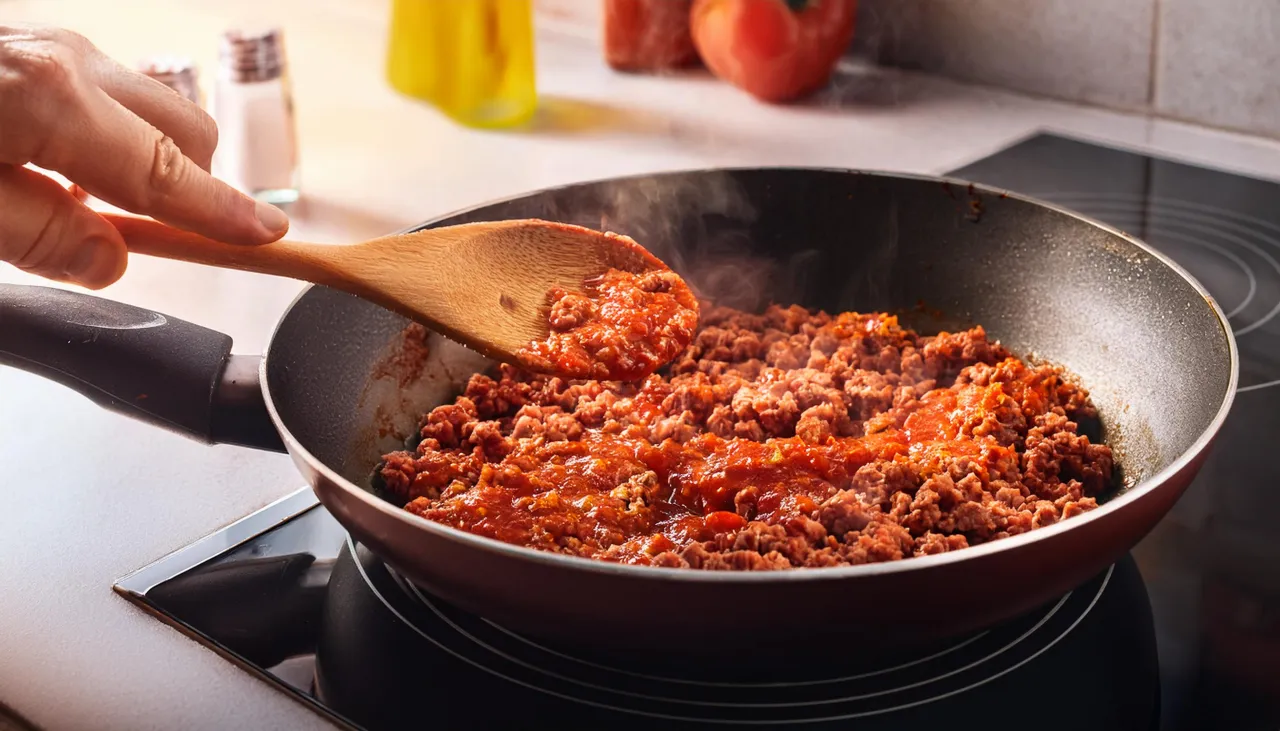 Gotowanie sosu bolońskiego na patelni
