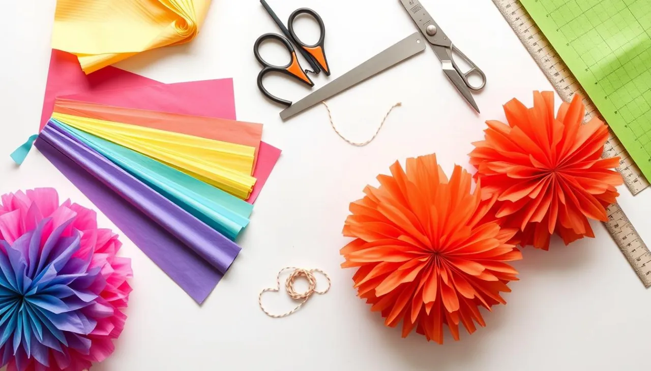 materiały do pomponów bibuła folia nożyczki