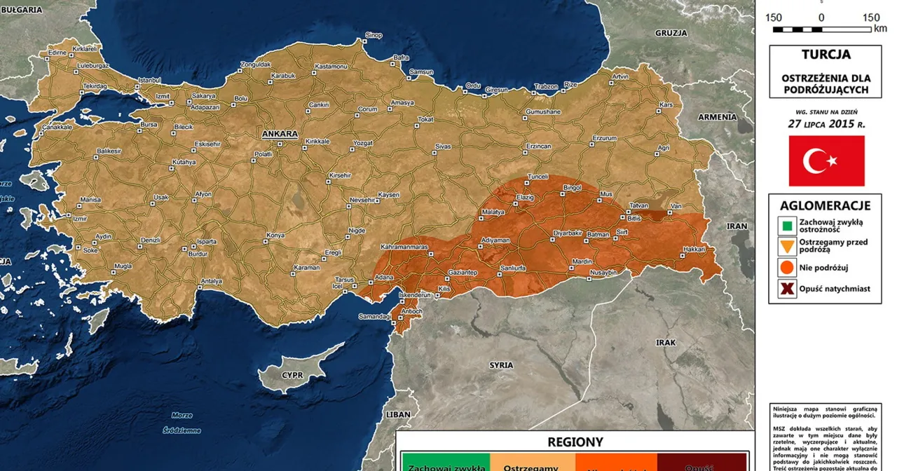 Mapa ostrzeżeń dla podr&oacute;żujących po Turcji. Kolory wskazują, czy w danym regionie jest bezpiecznie, czy należy zachować ostrożność.