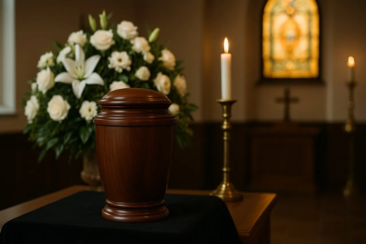 Drewniana urna z kwiatami i płonącą świecą. W tle krzyż i witraż. Czy kremacja jest grzechem?