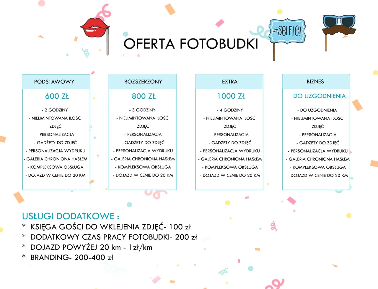 Oferta fotobudki: od 600 zł za 2h, 800 zł za 3h, 1000 zł za 4h. Dowiedz się, ile bierze fotograf i jakie są dodatkowe usługi.