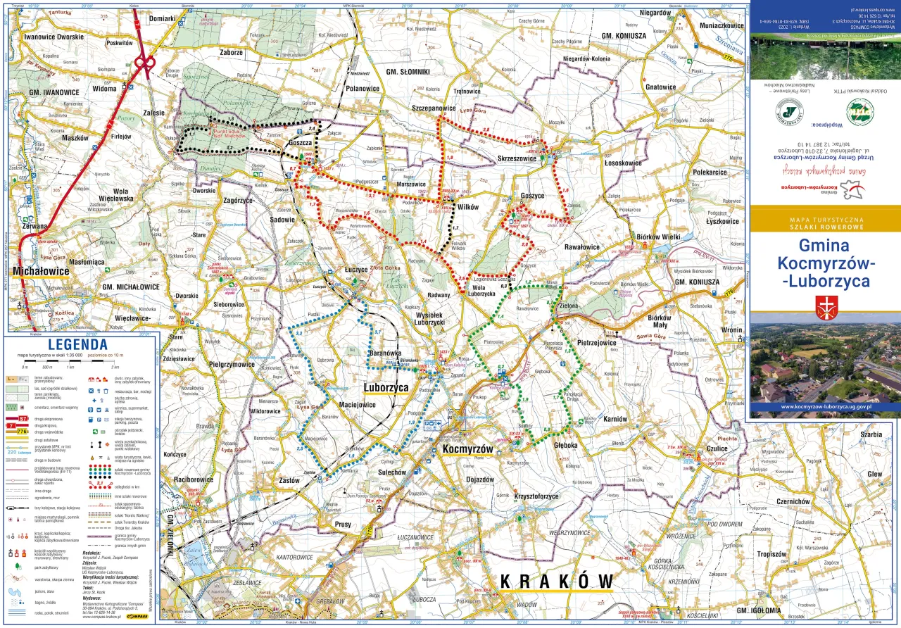 Mapa turystyczna Gminy Kocmyrz&oacute;w-Luborzyca z zaznaczonymi najpiękniejszymi trasami rowerowymi lubuskie.