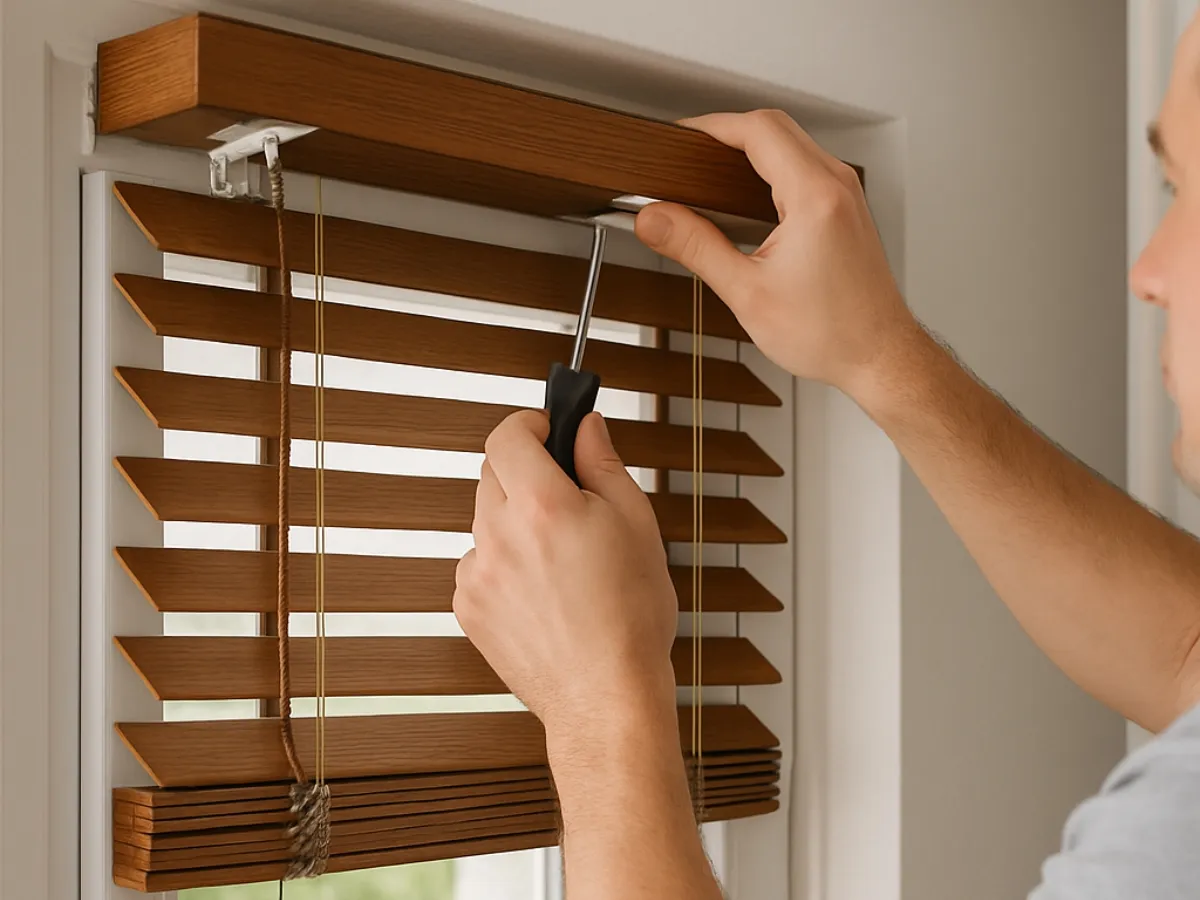 Mężczyzna przykręca śrubokrętem drewniane żaluzje. Dowiedz się, jak zrobić żaluzje drewniane samodzielnie.