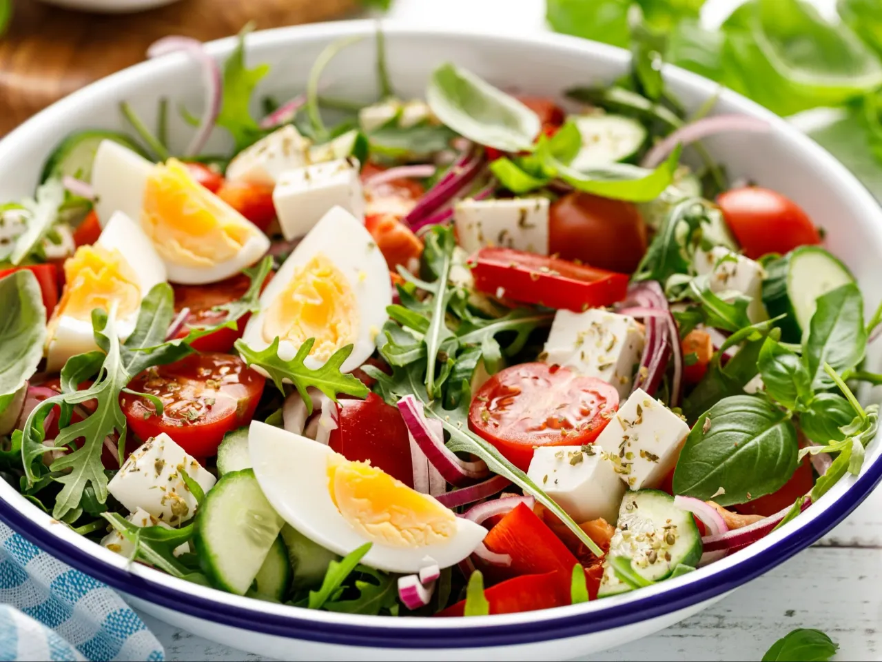 Kolorowa sałatka z jajkiem, fetą, pomidorkami i og&oacute;rkiem. Idealny przepis na zdrową sałatkę, pełną świeżych warzyw i białka.