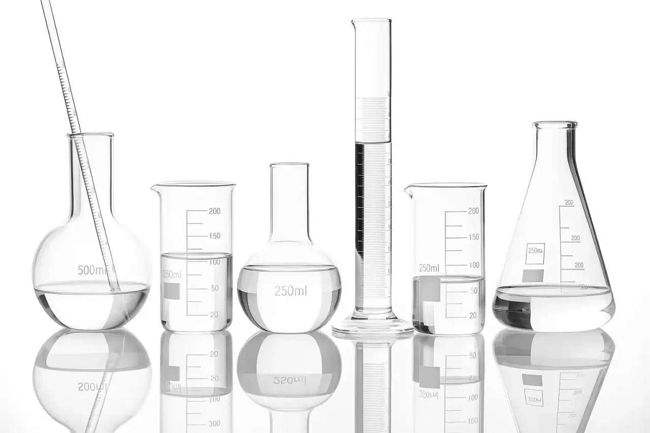 R&oacute;żnorodne naczynia laboratoryjne, w tym prob&oacute;wka, służą do precyzyjnych pomiar&oacute;w i reakcji chemicznych.