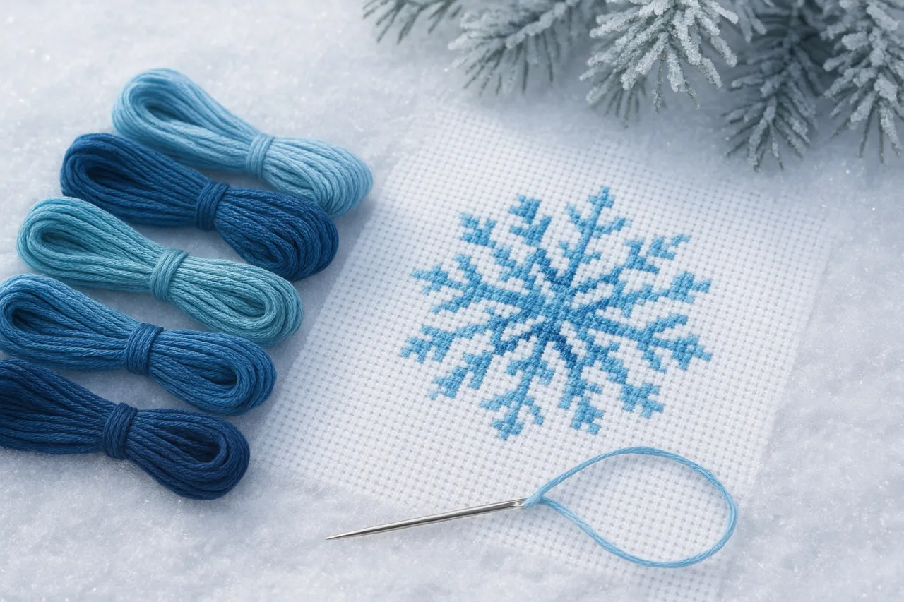 Nawinięte na kłębuszki nici do haftowania w odcieniach niebieskiego, igła z nitką i haftowana śnieżynka na białym tle.