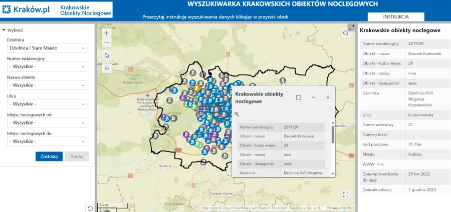 mapa dzielnic Kraków lokalizacje noclegów