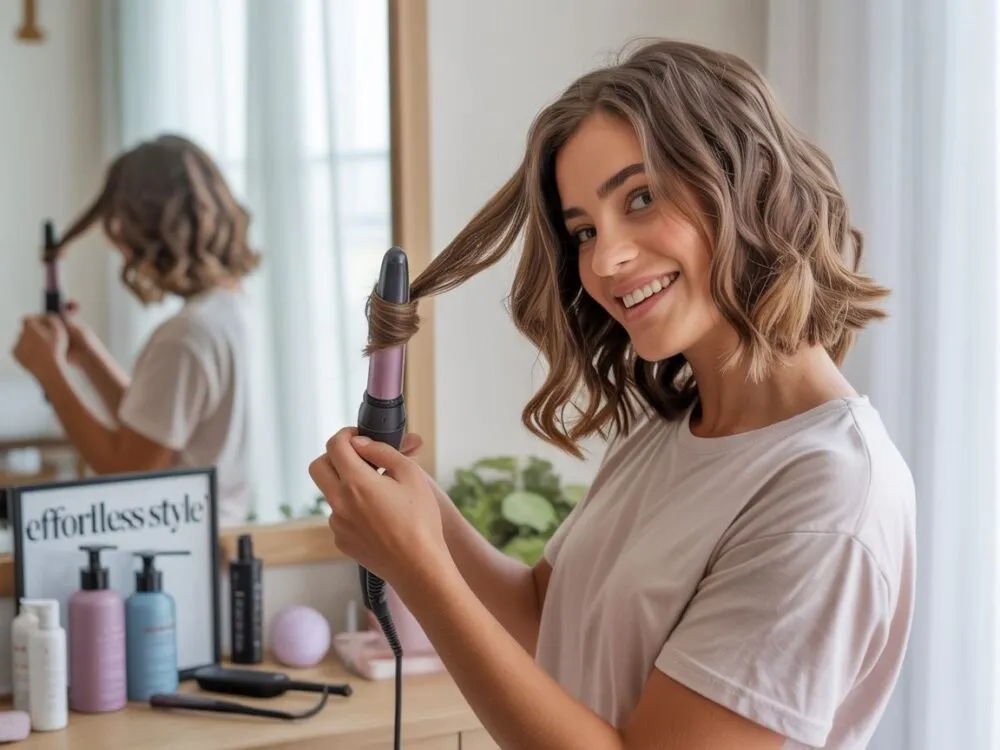 kobieta kręcąca krótkie włosy lokówką