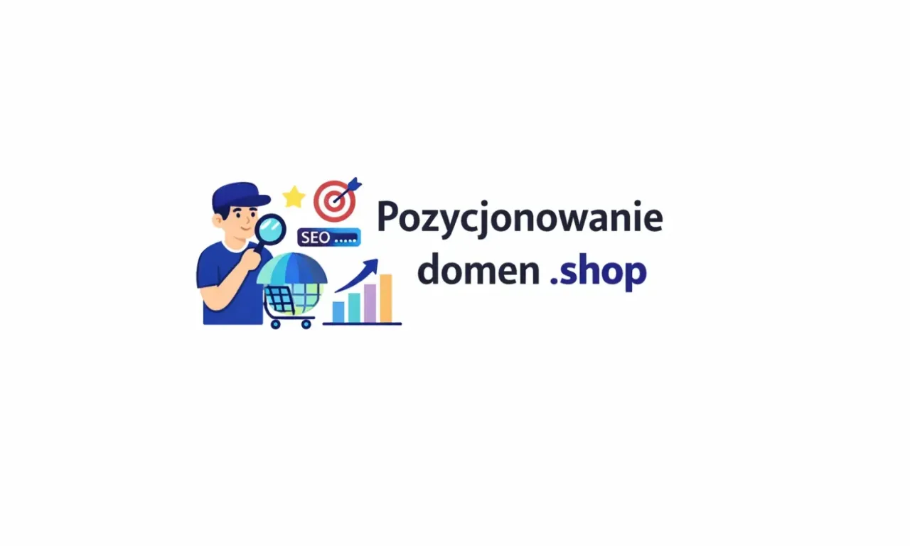 Grafika ilustruje pozycjonowanie domen .shop. Mężczyzna z lupą analizuje glob w koszyku, obok cel, gwiazdka i wykresy.