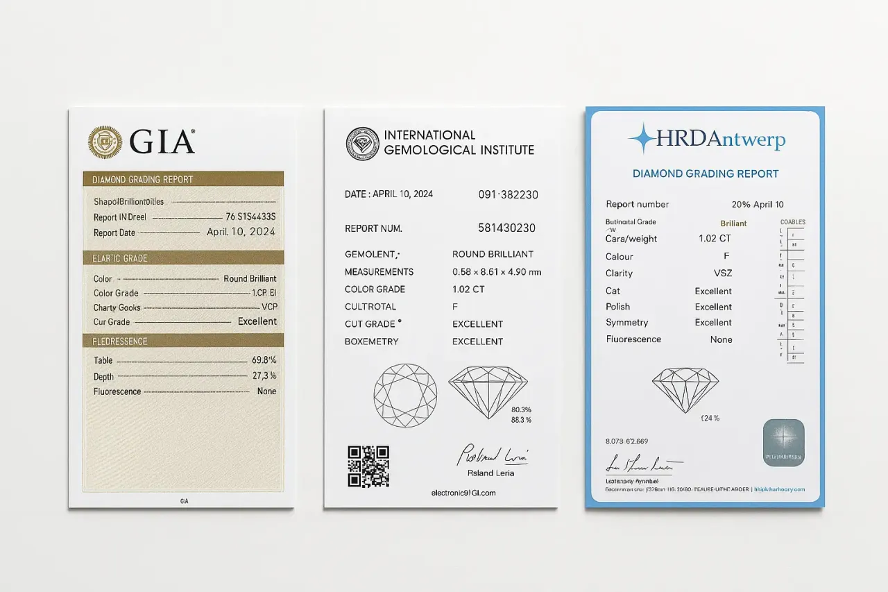 Trzy certyfikaty oceny diamentów od GIA, IGI i HRD Antwerp. Czy diagnostyka to dobre laboratorium? Tak, te raporty potwierdzają jakość kamieni.