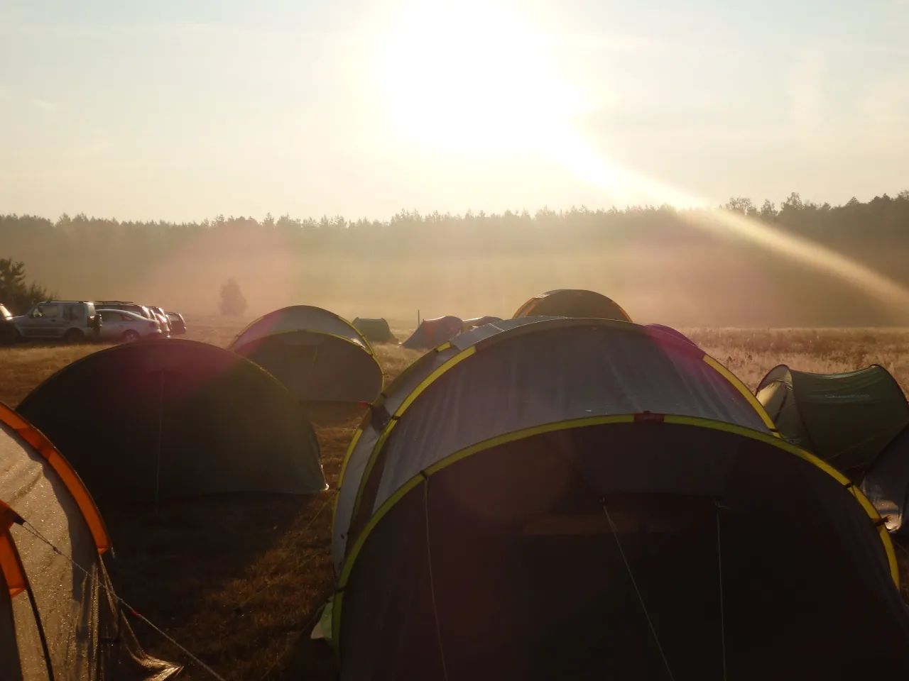 Poranek na polu namiotowym. Słońce przebija się przez mgłę, oświetlając rozstawione namioty. W tle las i zaparkowane samochody. Idealne miejsce, by nauczyć się, jak rozłożyć namiot.