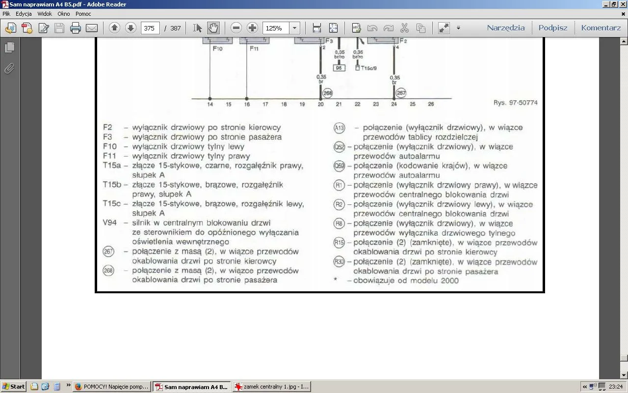 Schemat Audi A4 B5: gdzie jest sterownik centralnego zamka? Opisuje połączenia elektryczne drzwi, w tym wyłączniki i siłowniki.