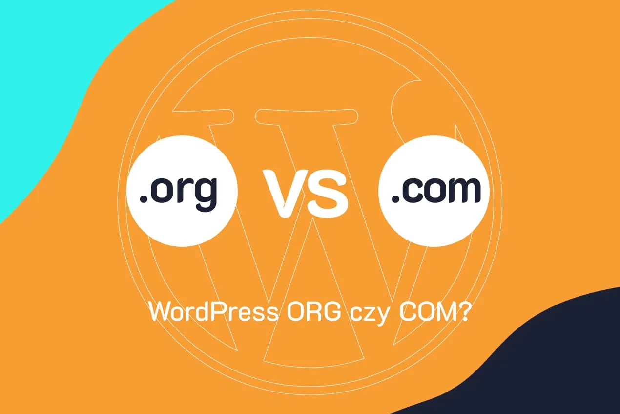 Porównanie WordPress ORG czy COM. Dwa kółka z napisami .org i .com, symbol VS i logo WordPress.