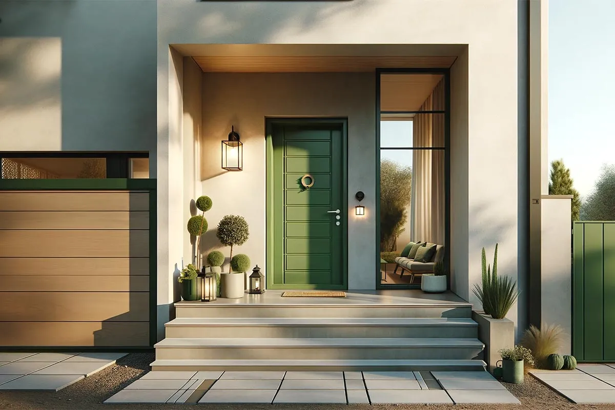 Eleganckie, zielone drzwi wejściowe z ozdobnym uchwytem, otoczone zadbaną roślinnością i nowoczesną architekturą.