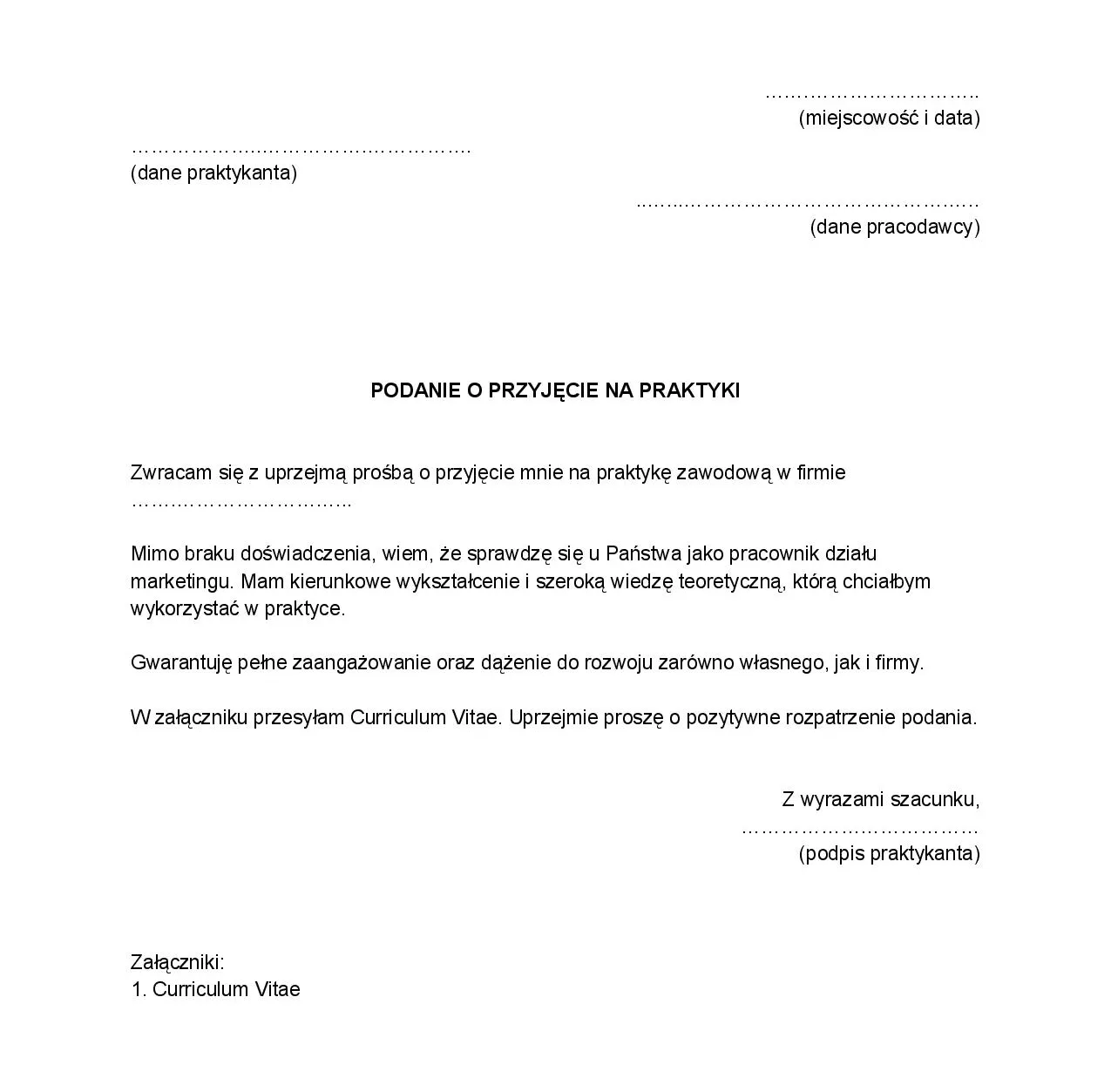 Przykładowe podanie o staż student