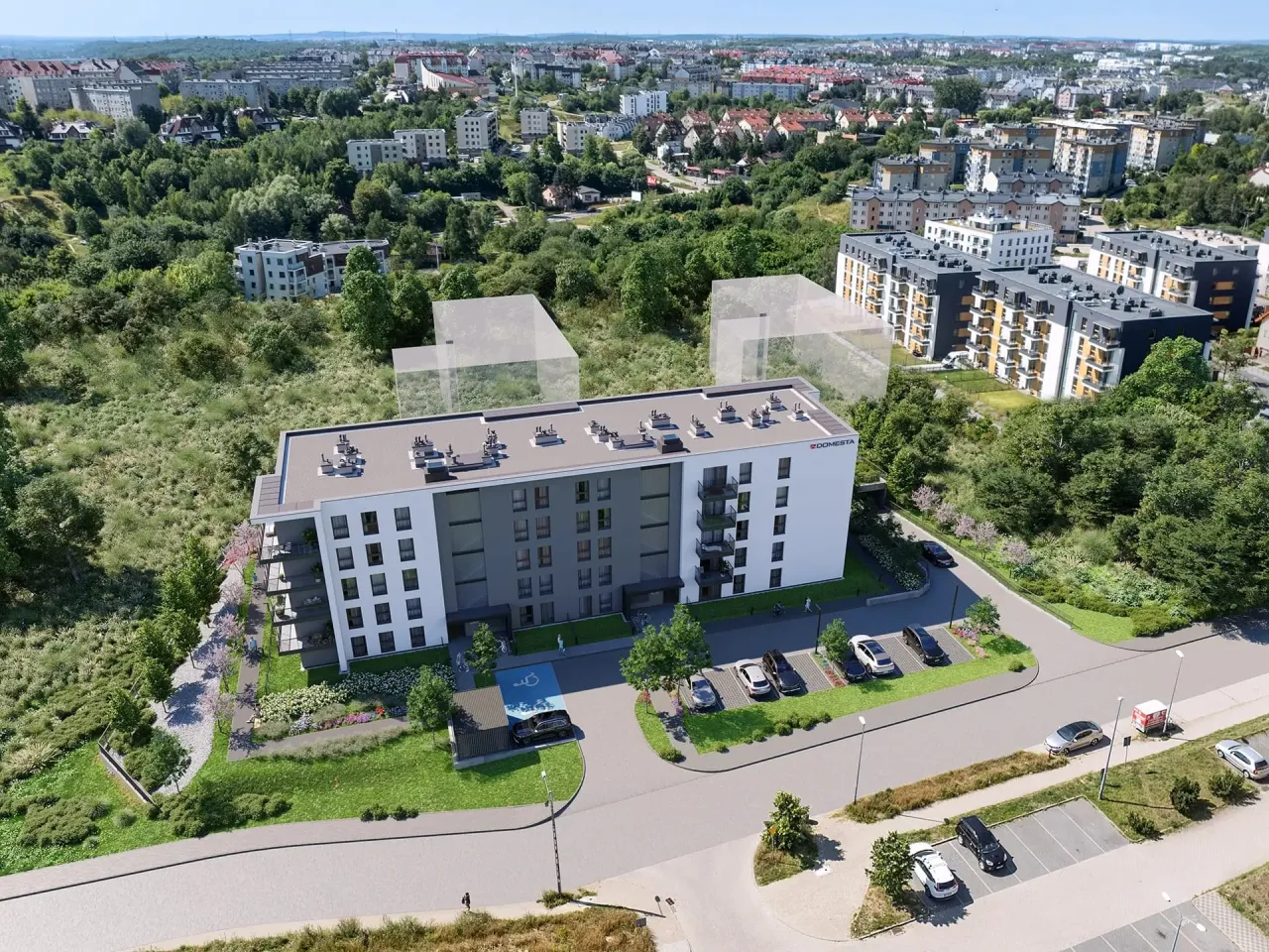 Nowoczesne osiedle w Gdańsku Chełmie, otoczone zielenią, z parkingiem i placem zabaw.