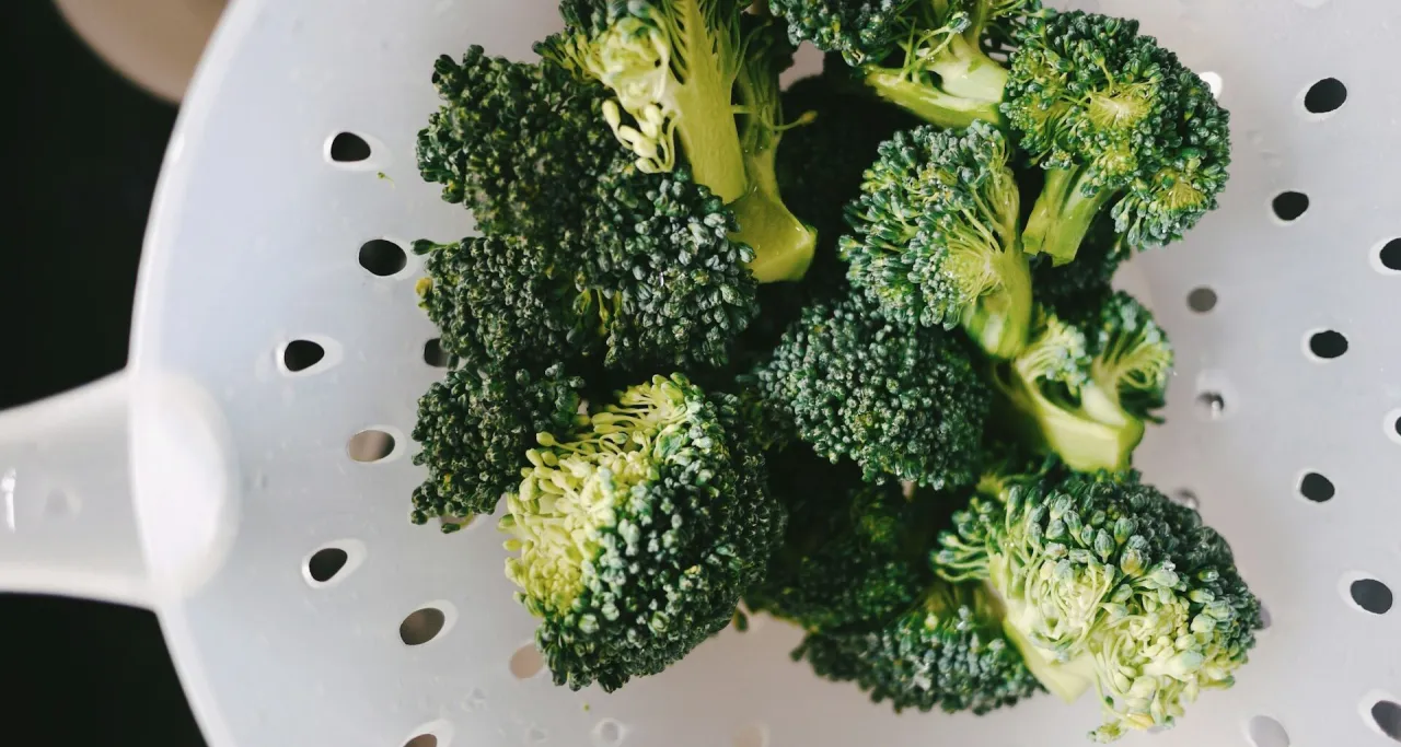 Świeże różyczki brokułów w białej cedzaku. Czy pies może jeść brokuły? Tak, w umiarkowanych ilościach.