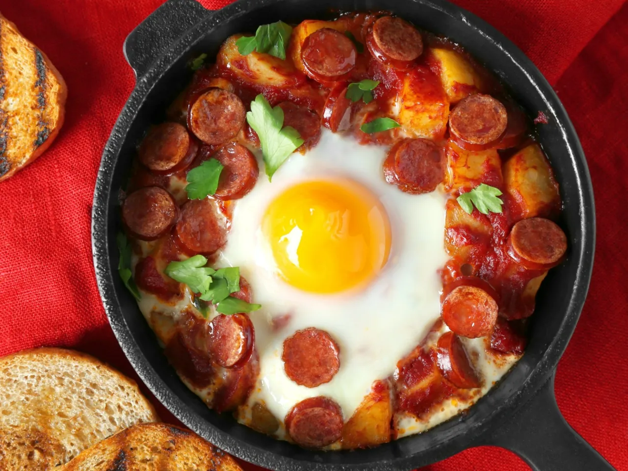 Jajko sadzone z kiełbasą i ziemniakami w sosie pomidorowym, podane z grzankami. Idealne, gdy szukasz, co na obiad szybko i tanio.