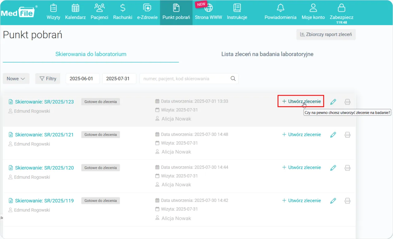 Lista zleceń na badania laboratoryjne. Tutaj możesz sprawdzić, gdzie zrobić badania krwi na NFZ i utworzyć nowe zlecenie.