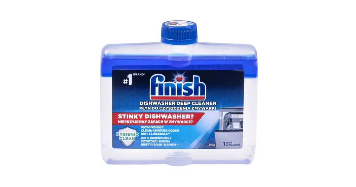 butelka płynu do czyszczenia zmywarki Finish umieszczona w koszu
