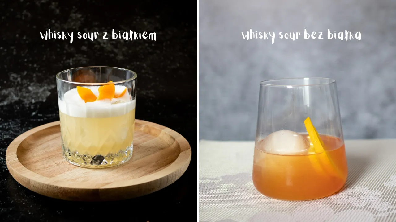 Dwa drinki: whisky sour z białkiem i pianką, oraz whisky sour bez białka z lodem i skórką pomarańczy. Przepis na whisky sour.